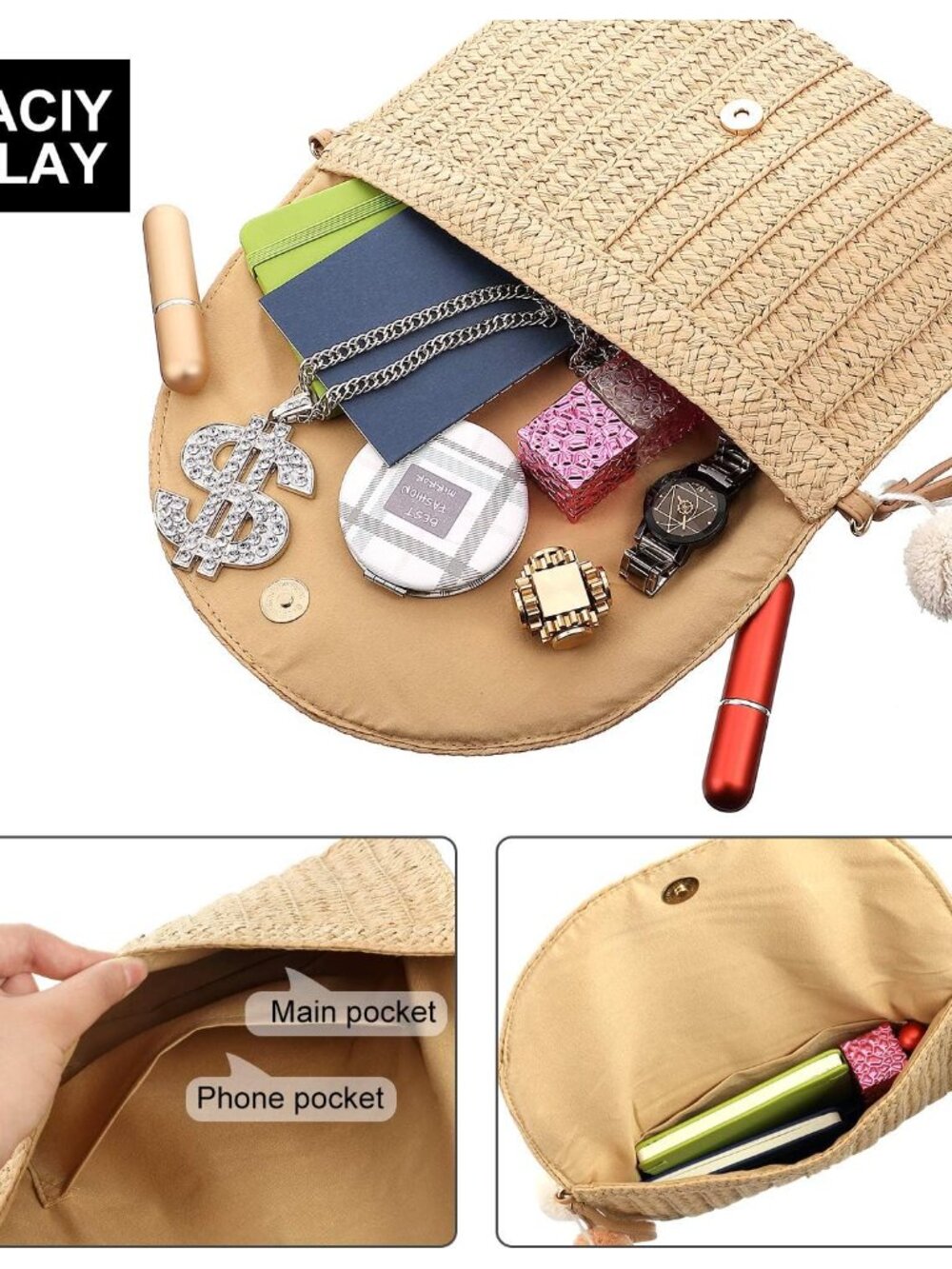 Straw Purses for Women Straw Clutch Crossbody Bag Summer Beach Shoulder Bag Wove - Picture 7 of 7
